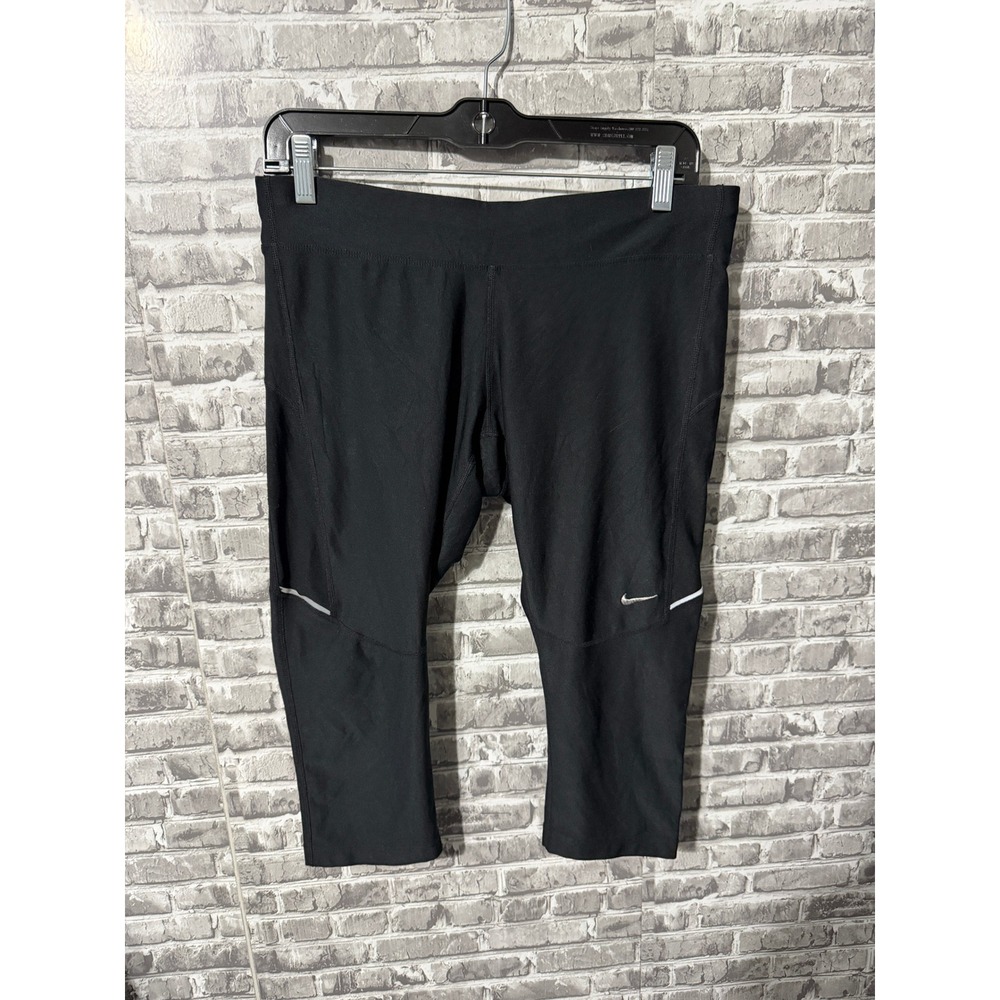 Nike Dri-FIT Womens Black Running Crop Leggings Reflective Zipper Pocket Large